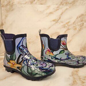 Anuschka Ankle Rain Boots, Midnight Peacock, Size 6